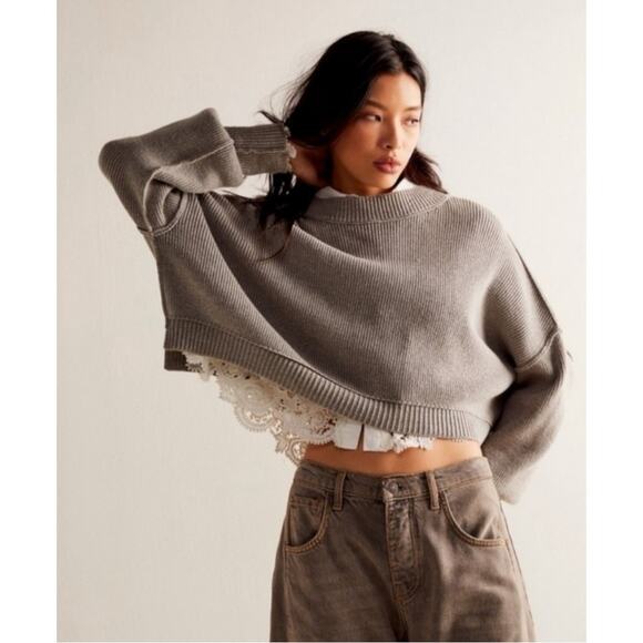 Free People Easy Street Crop Pullover Sweater in Grey Size Large Preppy Fall - Picture 4 of 14